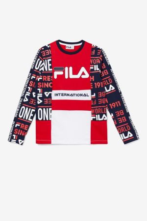 FILA Avide Long Sleeve Tee Shirts Red / Navy / White,Mens Clothing | CA.XTHFKO290